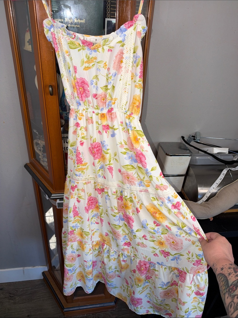 mine White Floral Maxi Dress with Pink & Yellow Blooms